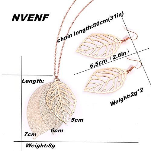 NVENF Leaf Earrings and Long Necklaces Set for Women Boho Gold-tone Multi Tiered Leaves Delicate Chain Dangle Necklace SimpleLeaf Statement Dangling Earrings