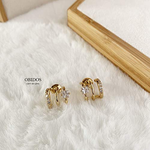 Obidos 14K Gold Plated Triple Huggie Illusion Stud Earrings | Double Huggie Hoop Earrings for One Hole | Gold Hoop Earrings for Women