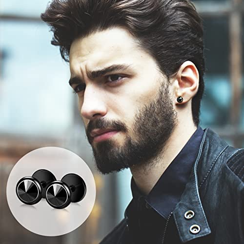 ONESING 12 Pairs Faux Gauge Earrings for Men Black Stud Earrings Silver Mens Earrings Faux Plugs Stainless Steel Earrings Set with Gift Box