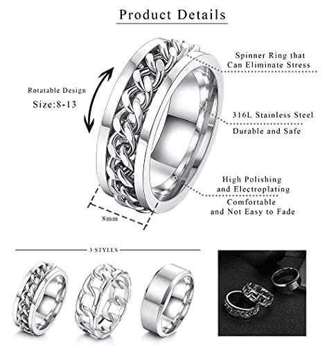 ORAZIO Mens Rings 3Pcs Silver Rings for Men Women Stainless Steel Plain Band Ring Cuban Link Chain Rings Spinner Ring Men's Promise Wedding Rings Set,Size 6-14