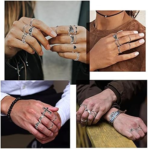 PANTIDE Vintage Punk Rings Set Gothic Knuckle Midi Rings Adjustable Alloy Chain Belt Cross Stackable Finger Half Open Rings Fashion Joint Jewelry for Women Men (Silver) 22Pcs