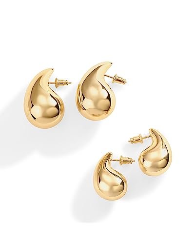 PAVOI 14K Gold Plated 925 Sterling Silver Post Teardrop Chunky Hoop Earrings | Lightweight Drop Earrings for Women | Designer Dupe Earrings