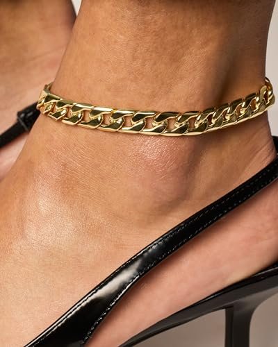 PAVOI 14K Gold Plated Chunky Curb Chain Anklet for Women | Lightweight Flat Curb Link Chain Anklets