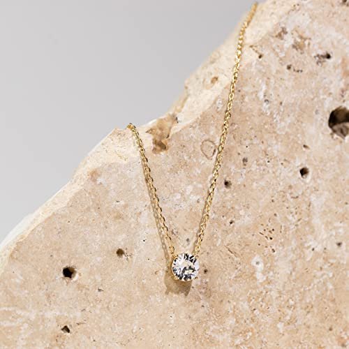 PAVOI 14K Gold Plated Crystal Solitaire 1.5 Carat (7.3mm) CZ Dainty Choker Necklace | Gold Necklaces for Women