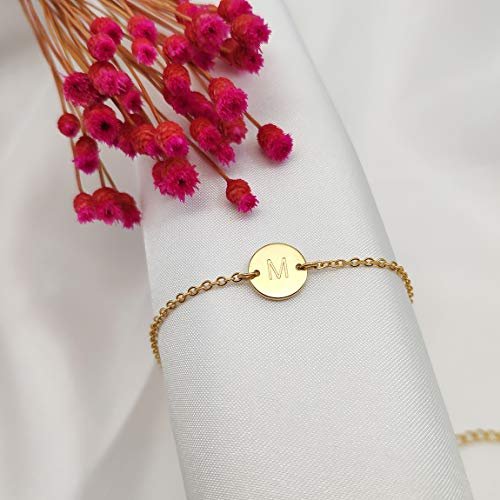 Personalized Initial Bracelet, 18K Gold Plated Stainless Steel Letter Bracelet Dainty Coin Charm Bracelet Delicate Disc Name Bracelet for Women