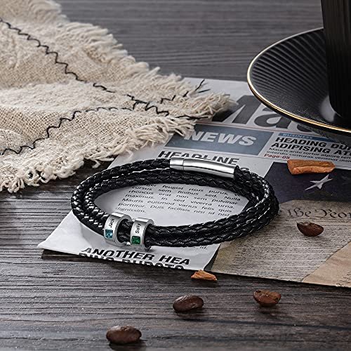 Personalized Mens Braid Bracelet Custom Bracelet with 1-8 Engraved Beads Family Names Jewelry Gifts for Men Father's day