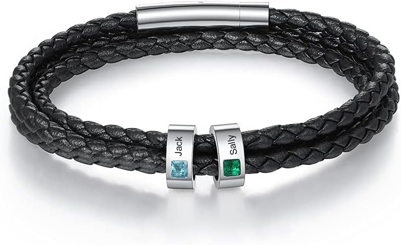 Personalized Mens Braid Bracelet Custom Bracelet with 1-8 Engraved Beads Family Names Jewelry Gifts for Men Father's day