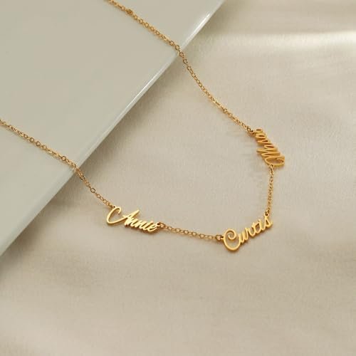 Personalized Name Necklace with Curb Chain, 18K Gold Plated Handmade Custom Family Choker Customized Child Nameplate Necklace Mother's Day Jewelry Gift for Mom, Wife (3 Names...