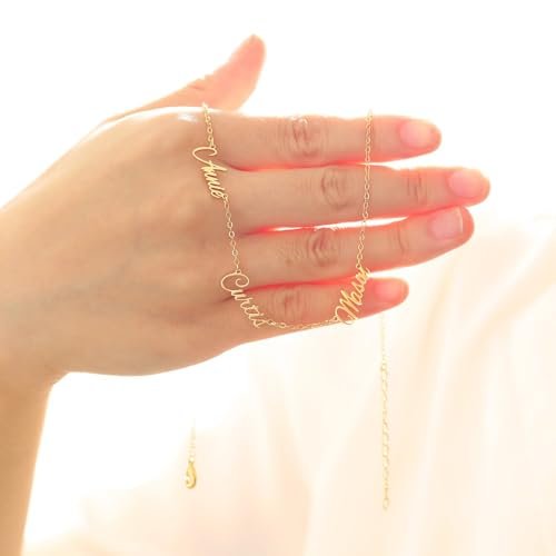 Personalized Name Necklace with Curb Chain, 18K Gold Plated Handmade Custom Family Choker Customized Child Nameplate Necklace Mother's Day Jewelry Gift for Mom, Wife (3 Names...