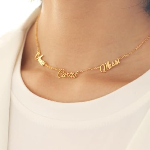 Personalized Name Necklace with Curb Chain, 18K Gold Plated Handmade Custom Family Choker Customized Child Nameplate Necklace Mother's Day Jewelry Gift for Mom, Wife (3 Names...