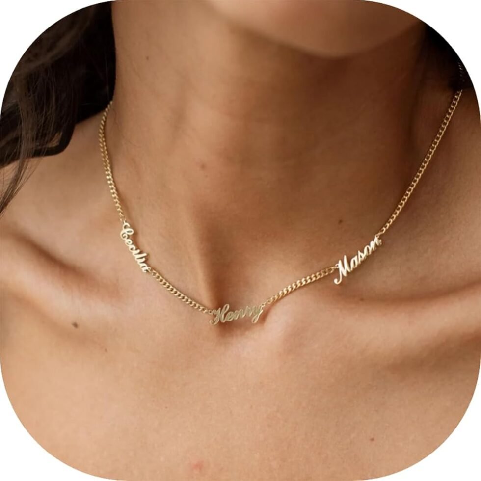Personalized Name Necklace with Curb Chain, 18K Gold Plated Handmade Custom Family Choker Customized Child Nameplate Necklace Mother's Day Jewelry Gift for Mom, Wife (3 Names...