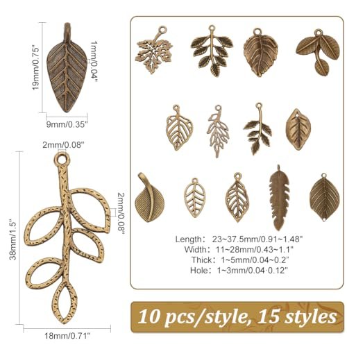 PH PandaHall 150pcs 15 Styles Tree Leaf Charms Pendants, Tibetan Branch Leaves Charms Metal Alloy Leaf Beads Antique Bronze Dangle Charm for Fall Earring Bracelet Necklace...