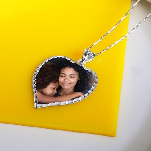 PicturesOnGold.com Personalized Photo Engraved Heart Shaped Picture Necklace with Diamond Cut Edge in Silver, Gold, White Gold or Rose Gold - 1 Inch x 1 Inch