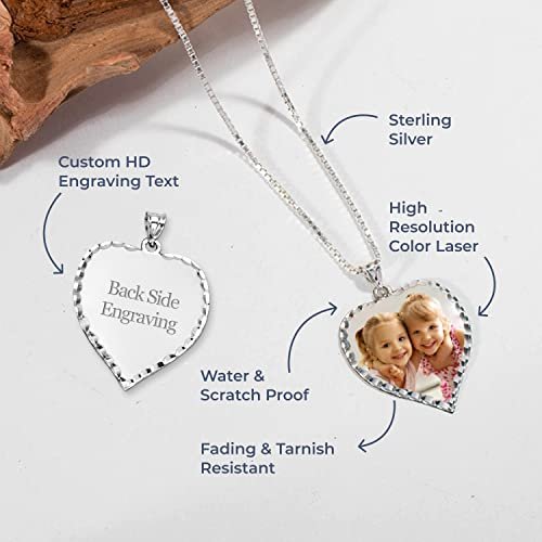 PicturesOnGold.com Personalized Photo Engraved Heart Shaped Picture Necklace with Diamond Cut Edge in Silver, Gold, White Gold or Rose Gold - 1 Inch x 1 Inch