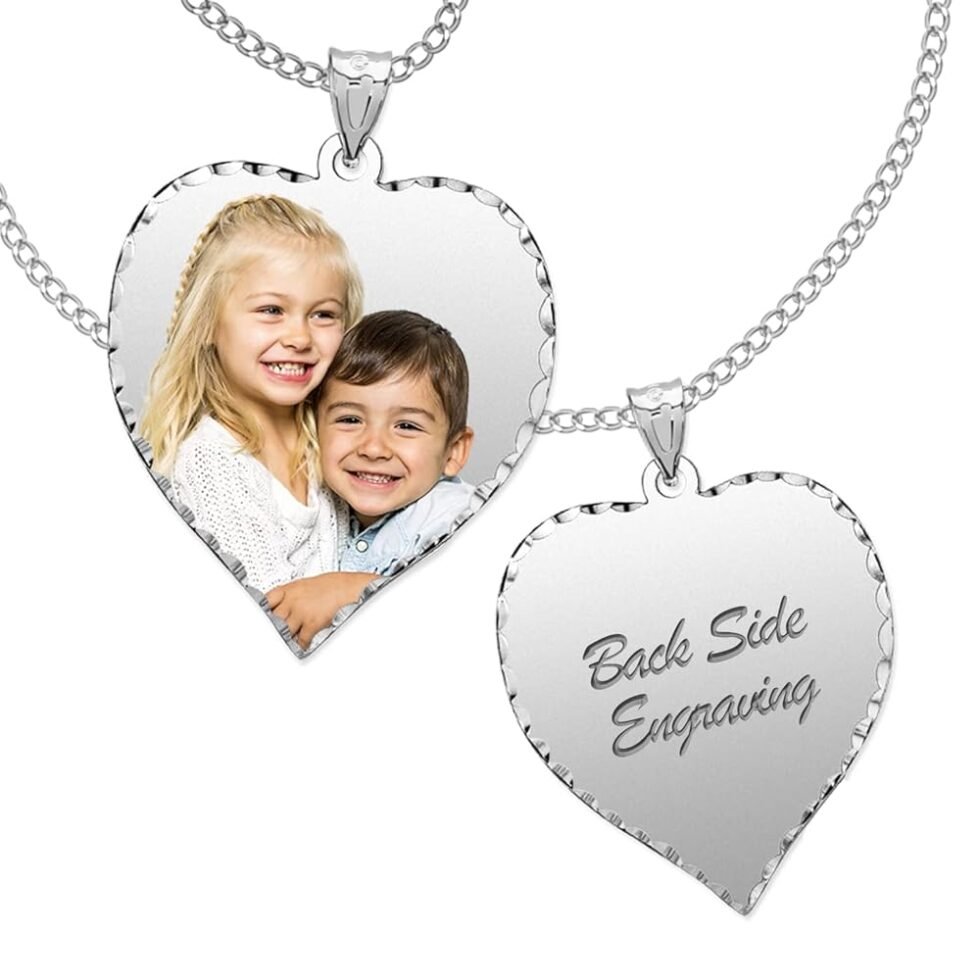 PicturesOnGold.com Personalized Photo Engraved Heart Shaped Picture Necklace with Diamond Cut Edge in Silver, Gold, White Gold or Rose Gold - 1 Inch x 1 Inch