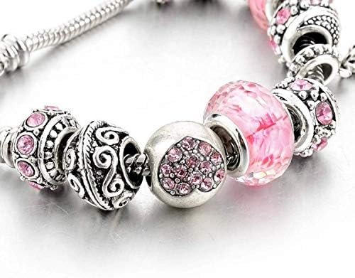 Pink Hearts Silver Plated Charm Bracelet Set, Jewelry Gifts with Beads, Charms, and Adjustable Snake Chain, Fits 7.5"+1.5"