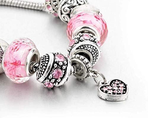 Pink Hearts Silver Plated Charm Bracelet Set, Jewelry Gifts with Beads, Charms, and Adjustable Snake Chain, Fits 7.5"+1.5"