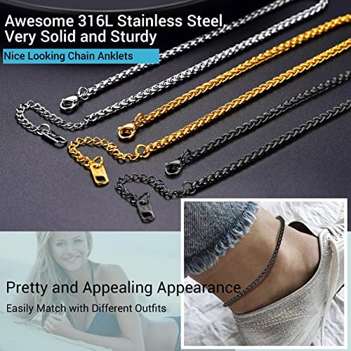 PROSTEEL Stainless Steel Chain Anklets for Women, Silver/Gold Tone, Ankle Bracelets Hypoallergenic, 8-10.5 Inch Adjustable, Come with Box