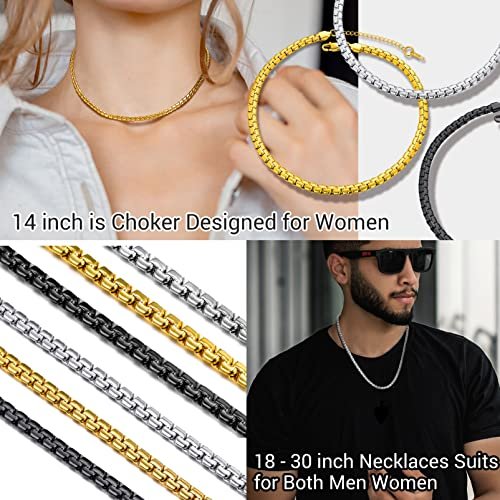 PROSTEEL Stylish Stainless Steel Round Link Chain Necklace for Men, Silver/Gold/Black Tone, Hypoallergenic Jewelry, 14"-30", Come with Box