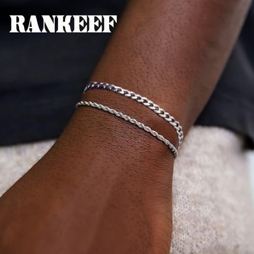 RANKEEF 2 Pcs Chain Bracelet for Men - 925 Sterling Silver Bracelet for Men 7-9inch Figaro Rope Cuban Link Bracelet Set for Men Gifts to Men Dad Husband Boyfriend