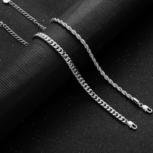 RANKEEF 2 Pcs Chain Bracelet for Men - 925 Sterling Silver Bracelet for Men 7-9inch Figaro Rope Cuban Link Bracelet Set for Men Gifts to Men Dad Husband Boyfriend