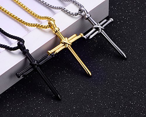 Rehoboth Men's Stainless Steel Nail Cross Pendant Necklace with 24 Inch Chain Polished Black Gold Silver