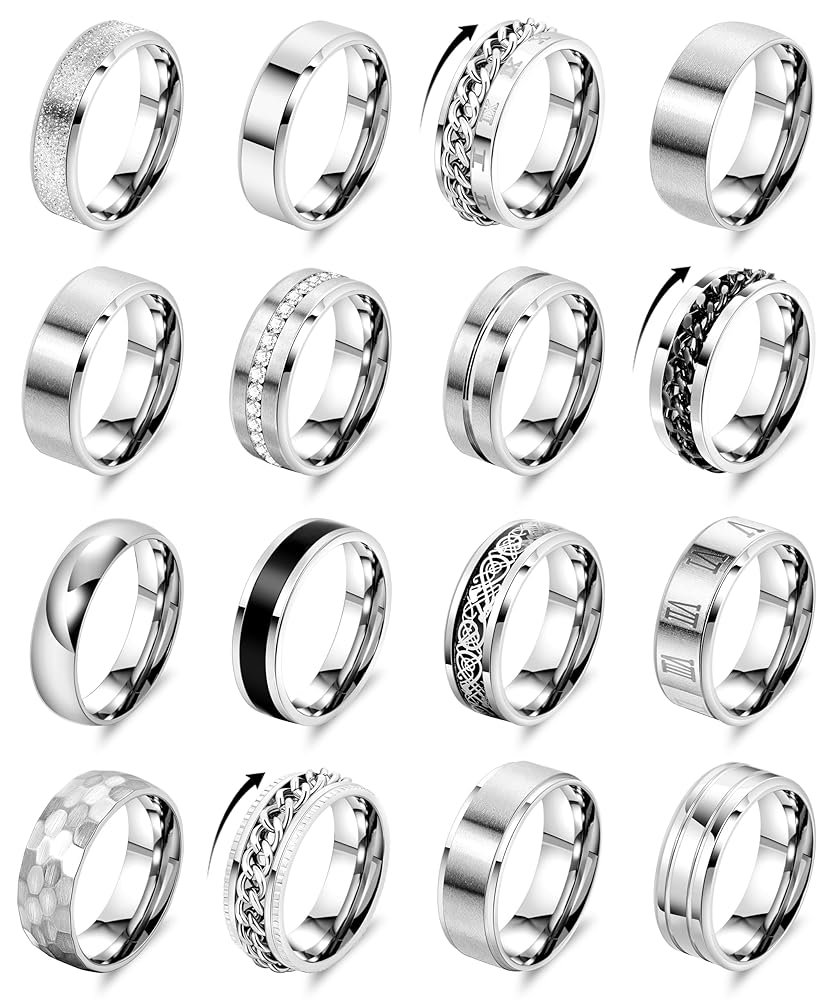 REVOLIA 16PCS Silver Rings for Men Stianless Steel Band Rings for Men Women Simple Engagement Wedding Promise Rings Set