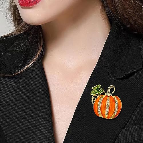 Rhinestone Pumpkin Brooch Pin for Women Girls Gold Tone Fashion Enamel Halloween Thanksgiving Green Leaf Brooches Lapel Pins Cute Fall Holiday Festival Hat Bag Suit Dress...