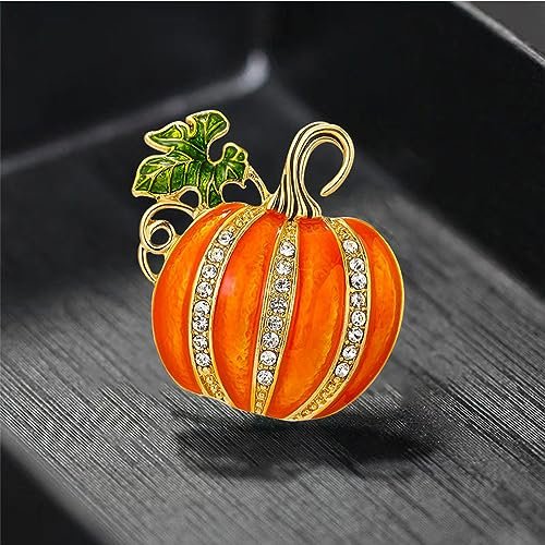 Rhinestone Pumpkin Brooch Pin for Women Girls Gold Tone Fashion Enamel Halloween Thanksgiving Green Leaf Brooches Lapel Pins Cute Fall Holiday Festival Hat Bag Suit Dress...
