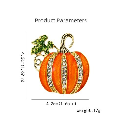 Rhinestone Pumpkin Brooch Pin for Women Girls Gold Tone Fashion Enamel Halloween Thanksgiving Green Leaf Brooches Lapel Pins Cute Fall Holiday Festival Hat Bag Suit Dress...