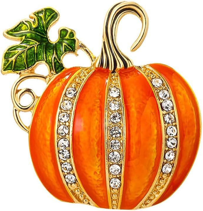 Rhinestone Pumpkin Brooch Pin for Women Girls Gold Tone Fashion Enamel Halloween Thanksgiving Green Leaf Brooches Lapel Pins Cute Fall Holiday Festival Hat Bag Suit Dress...