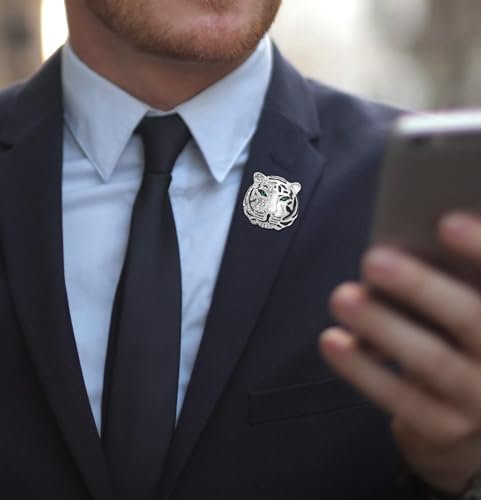Rhinestone Tiger Head Brooch Pins.Gold Silver Animal Lapel Pin,Charm Lion Coat Collar Brooch for Men Suit Pin