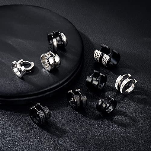 RIOSO 9Pairs Hoop Earrings for Men Stainless Steel Black Silver Men's Hoop Earring