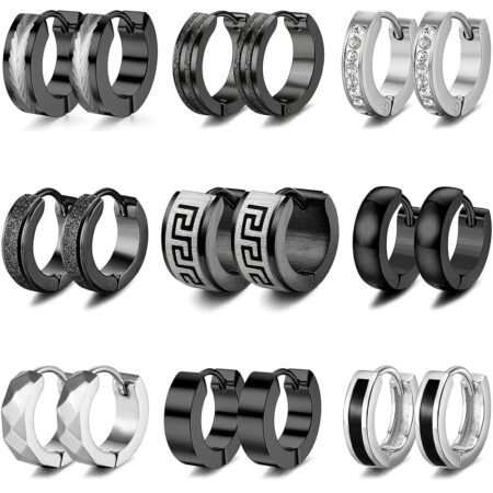 RIOSO 9Pairs Hoop Earrings for Men Stainless Steel Black Silver Men's Hoop Earring