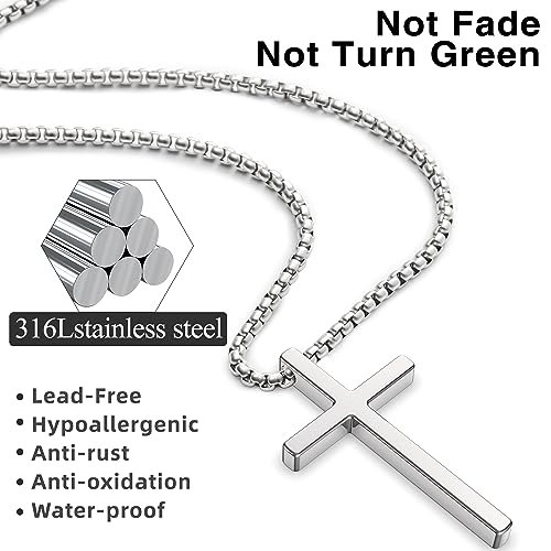 Romass 2 Pcs Cross Necklace for Men,Stainless Steel Pendant Silver Black Crosses Chain Jewelry Gifts Box 16-30 inches