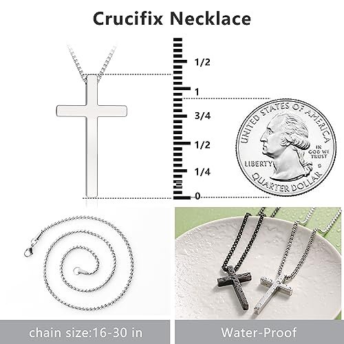 Romass 2 Pcs Cross Necklace for Men,Stainless Steel Pendant Silver Black Crosses Chain Jewelry Gifts Box 16-30 inches