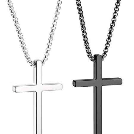 Romass 2 Pcs Cross Necklace for Men,Stainless Steel Pendant Silver Black Crosses Chain Jewelry Gifts Box 16-30 inches