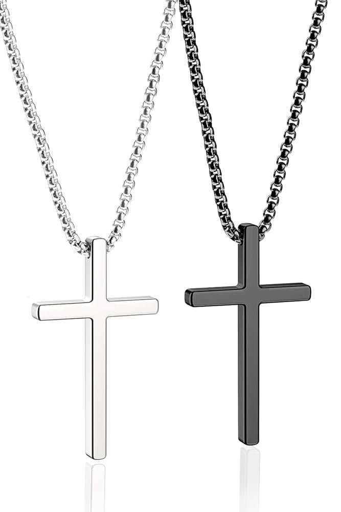 Romass 2 Pcs Cross Necklace for Men,Stainless Steel Pendant Silver Black Crosses Chain Jewelry Gifts Box 16-30 inches
