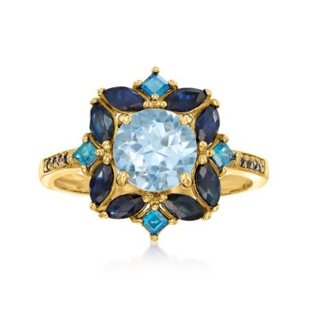 Ross-Simons 1.80 Carat Sky Blue Topaz, 2.40 ct. t.w. Sapphire and .80 ct. t.w. London Blue Topaz Ring in 18kt Gold Over Sterling