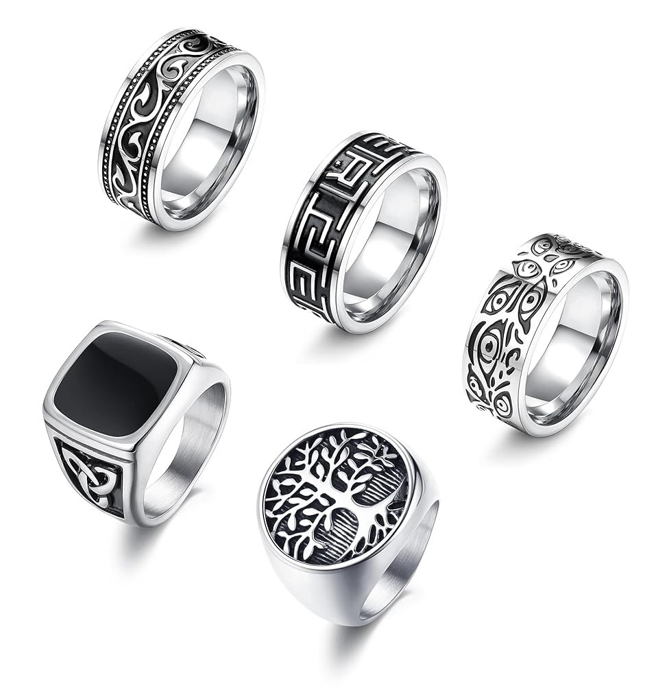 Sanfenly 5Pcs Stainless Steel Rings for Men Greek Signet Thumb Silver Retro Carving Celtic Band Rings Vintage Biker Band Rings Set