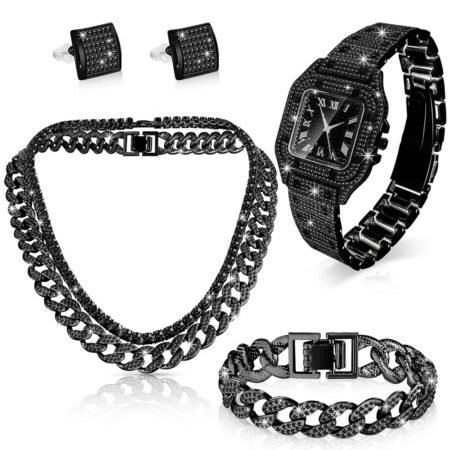 Sasylvia 5 Pcs Hip Hop Jewelry Set with Cuban Link Chain Necklace Bracelet Bling Crystal Diamond Watch Rhinestone Earrings