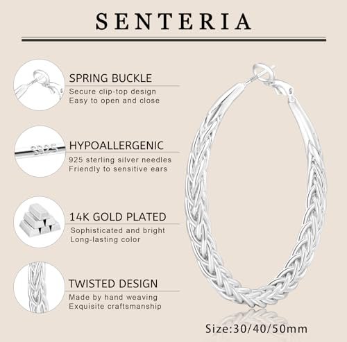 Senteria Silver Hoop Earrings for Women Hypoallergenic 925 Sterling Silver Post Hoop Earrings Lightweight Large Silver Hoop Earrings Thick Twisted Silver Hoop Earrings 30/40/50MM