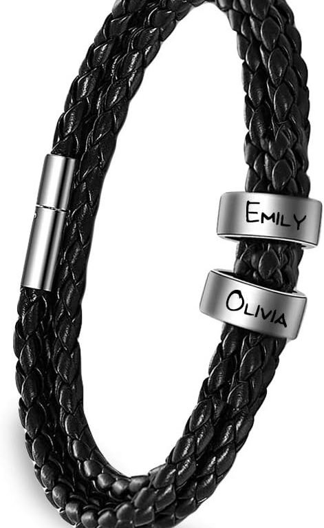 ShineSand Personalized Mens Leather Bracelet with Custom Beads, Customized Braid Leather Bracelet Engraved with Names for Men