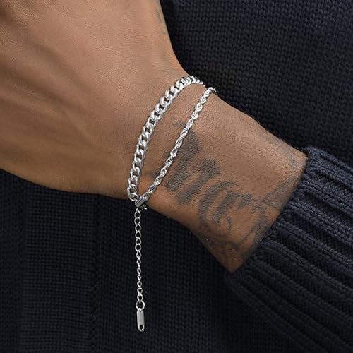 Silver Cuban Link Chain Bracelet for Men, Waterproof Stainless Steel Rope Bracelet Set, 7.9" to 9" Charm Jewelry Men Bracelet Stack for Dad, Husband from Pealicious