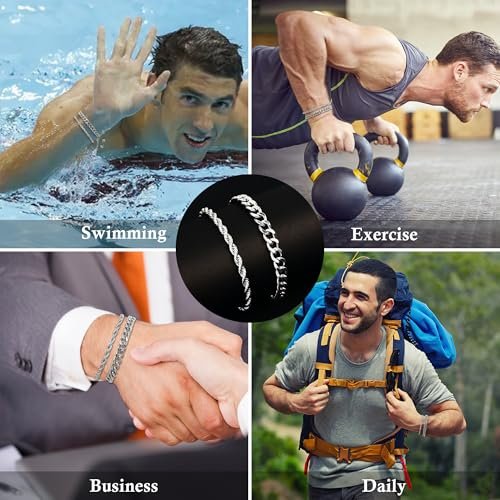 Silver Cuban Link Chain Bracelet for Men, Waterproof Stainless Steel Rope Bracelet Set, 7.9" to 9" Charm Jewelry Men Bracelet Stack for Dad, Husband from Pealicious