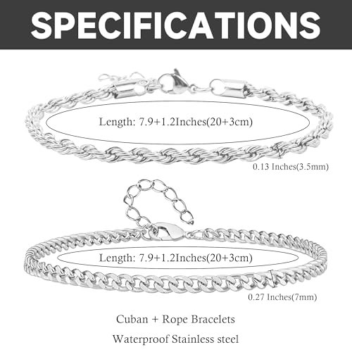 Silver Cuban Link Chain Bracelet for Men, Waterproof Stainless Steel Rope Bracelet Set, 7.9" to 9" Charm Jewelry Men Bracelet Stack for Dad, Husband from Pealicious