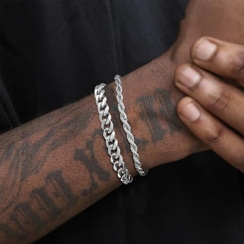 Silver Cuban Link Chain Bracelet for Men, Waterproof Stainless Steel Rope Bracelet Set, 7.9" to 9" Charm Jewelry Men Bracelet Stack for Dad, Husband from Pealicious