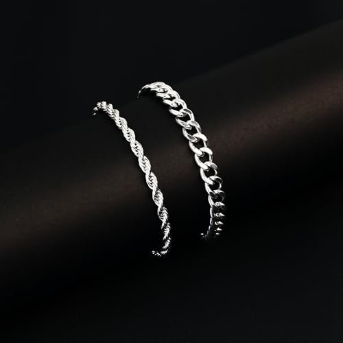 Silver Cuban Link Chain Bracelet for Men, Waterproof Stainless Steel Rope Bracelet Set, 7.9" to 9" Charm Jewelry Men Bracelet Stack for Dad, Husband from Pealicious