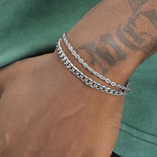 Silver Cuban Link Chain Bracelet for Men, Waterproof Stainless Steel Rope Bracelet Set, 7.9" to 9" Charm Jewelry Men Bracelet Stack for Dad, Husband from Pealicious