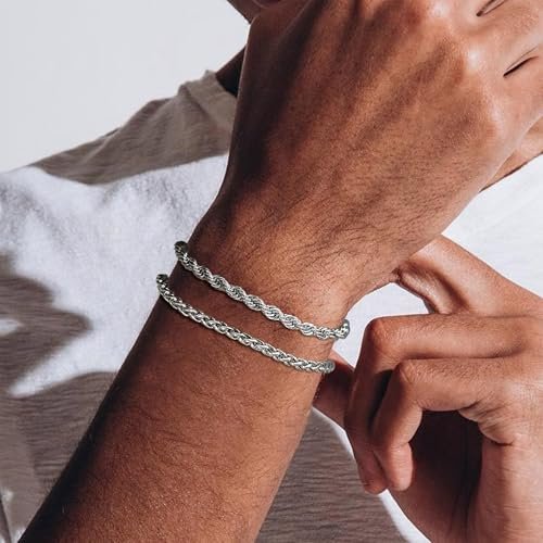 Silver Cuban Link Chain Bracelet for Men, Waterproof Stainless Steel Rope Bracelet Set, 7.9" to 9" Charm Jewelry Men Bracelet Stack for Dad, Husband from Pealicious
